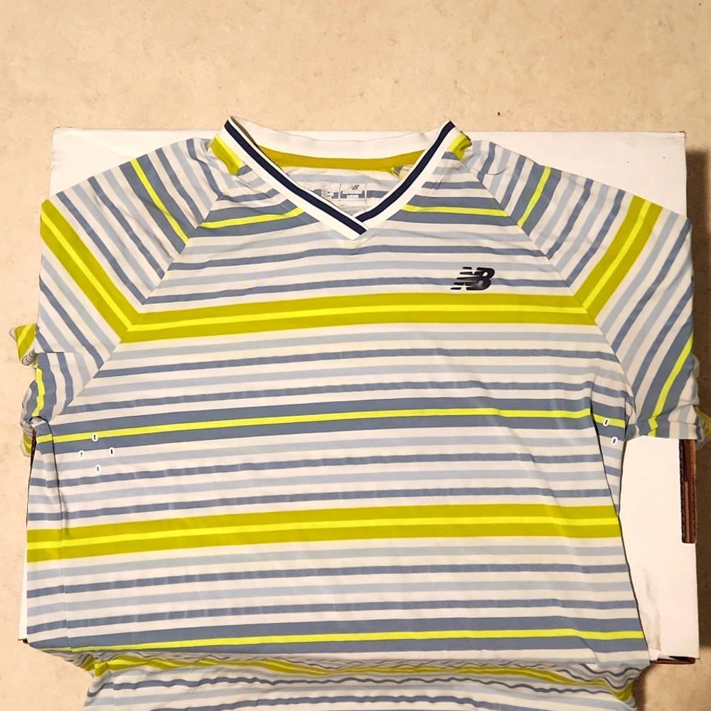 New Balance Men's Tennis T-Shirt. Highlighter Yellow/Blue/Green/Grey
